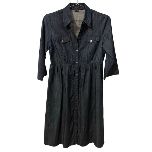 Theory Dark Blue Cotton Chambray Tabbed Sleeve A Line Button Front Dress S - Picture 1 of 7